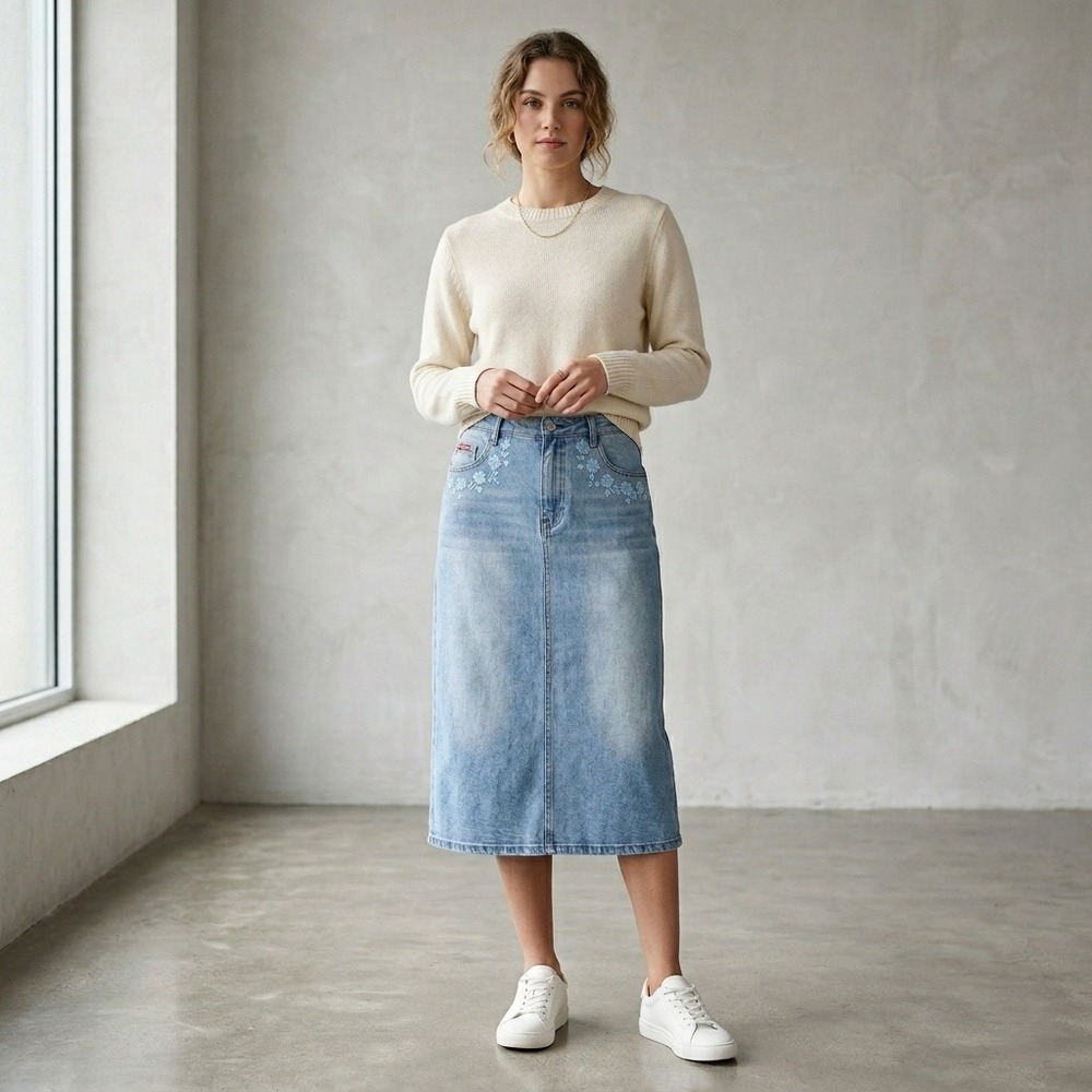 H&D Jeanswear Denim Skirt Women's Size 46 Midi Embellish Embroidery Grunge Lined